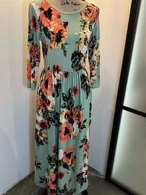 Floral Mint Maxi Dress with Pink & Coral Blooms